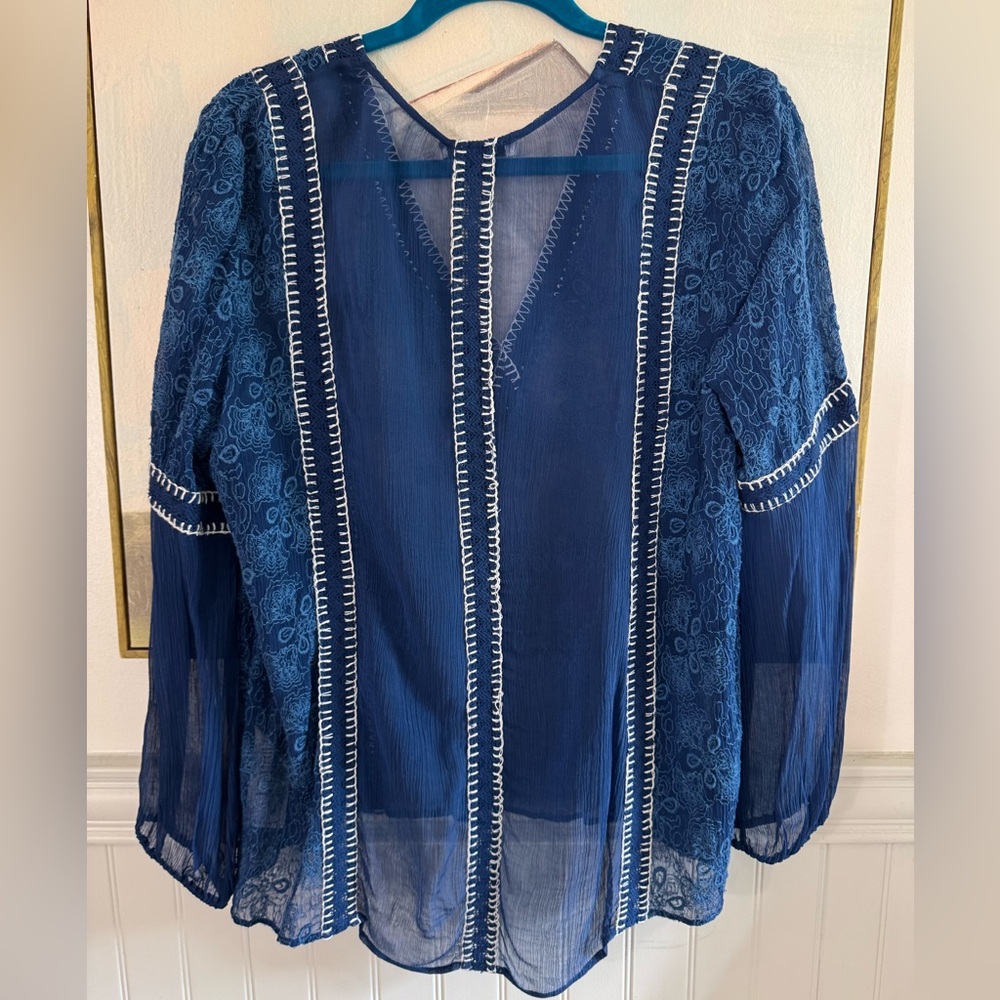 ALICE & OLIVIA Blue Sheer Natalya Lace Peasant Blouse Size Large - Picture 6 of 6